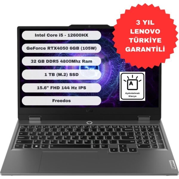 Lenovo LOQ 15IAX9 GTI132 Intel Core I5 12600HX 32GB 1tb SSD RTX4050 Freedos 15.6'' Fhd Taşınabilir Bilgisayar 83GS00PETR - Görsel 1